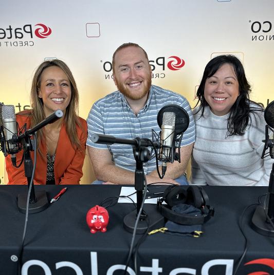 Patelco employees Michele Enriquez, Andrew Farrell and Kristi Longoria at the podcast desk.